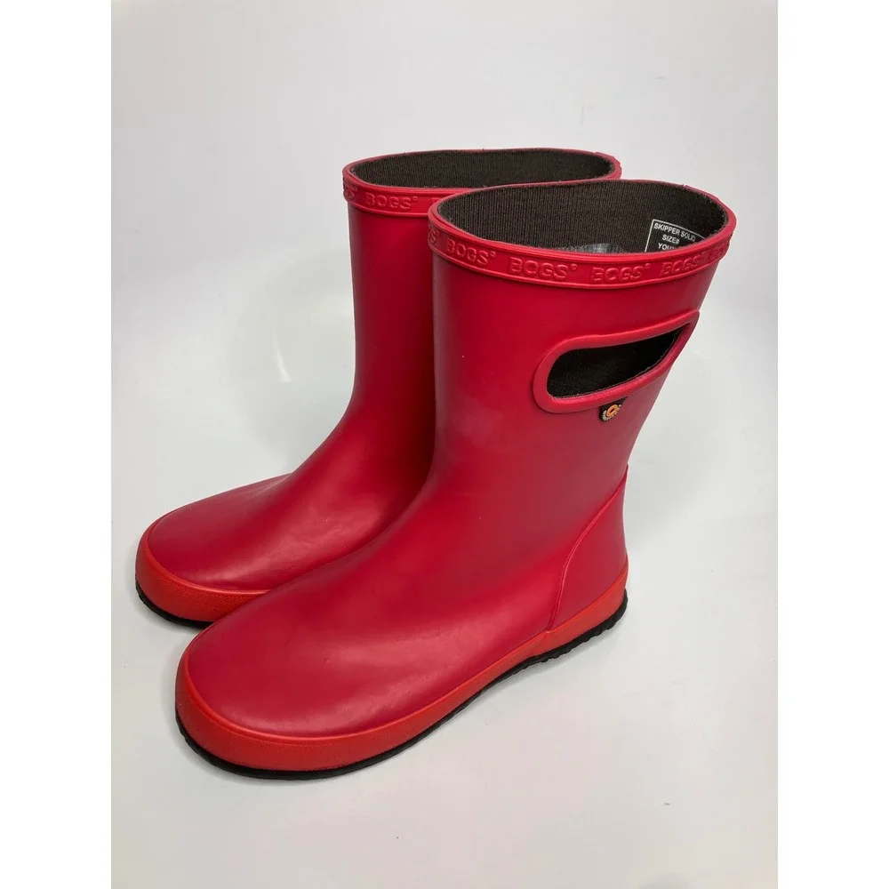 Bogs Skipper Solid Rain Boots Kids Size 3 Red Good Waterproof Pull On Handle
